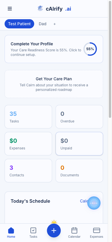Mobile dashboard showing care stats, tasks, and the cAirn orb